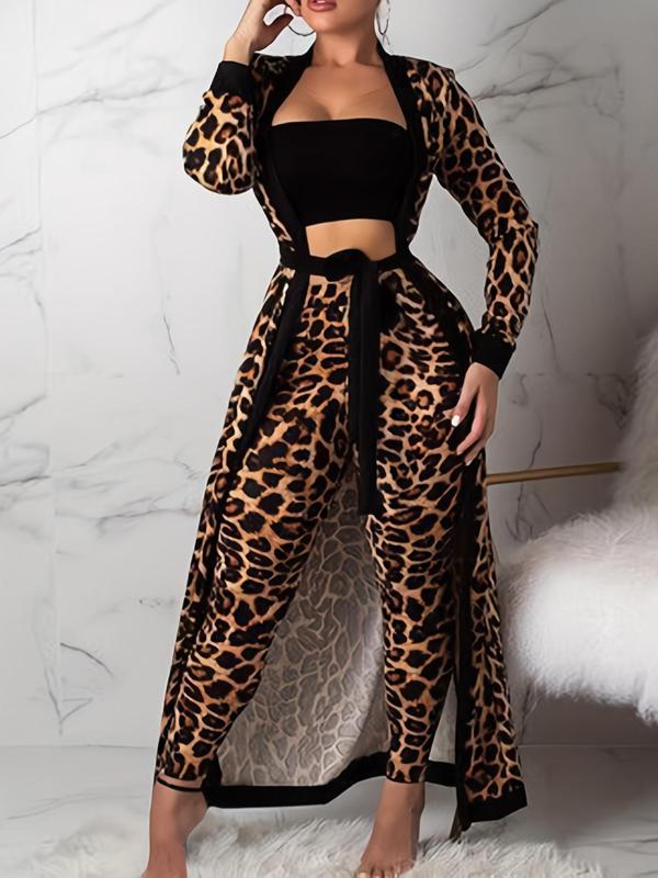 Women's Leopard Print Tube Top & Pants & Long Sleeve Belted Outerwear Loungewear Set, Casual Comfy Pyjama Set for Women, Ladies Fall & Winter Sleepwear, Fall Wear, Earthtone Fallfreshness