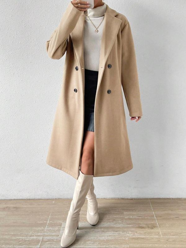 Women's Solid Double Button Lapel Woolen Coat, Casual Long Sleeve Coat for Fall & Winter, Women's Clothing for Daily Wear