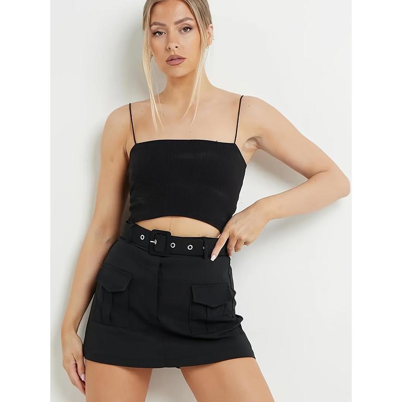 Solid Color High Waist Skort, Casual Flap Pockets Belt Decor Mini Skorts For Spring & Summer, Women's Clothing Womenswear Bottom 2024 christmas ornament