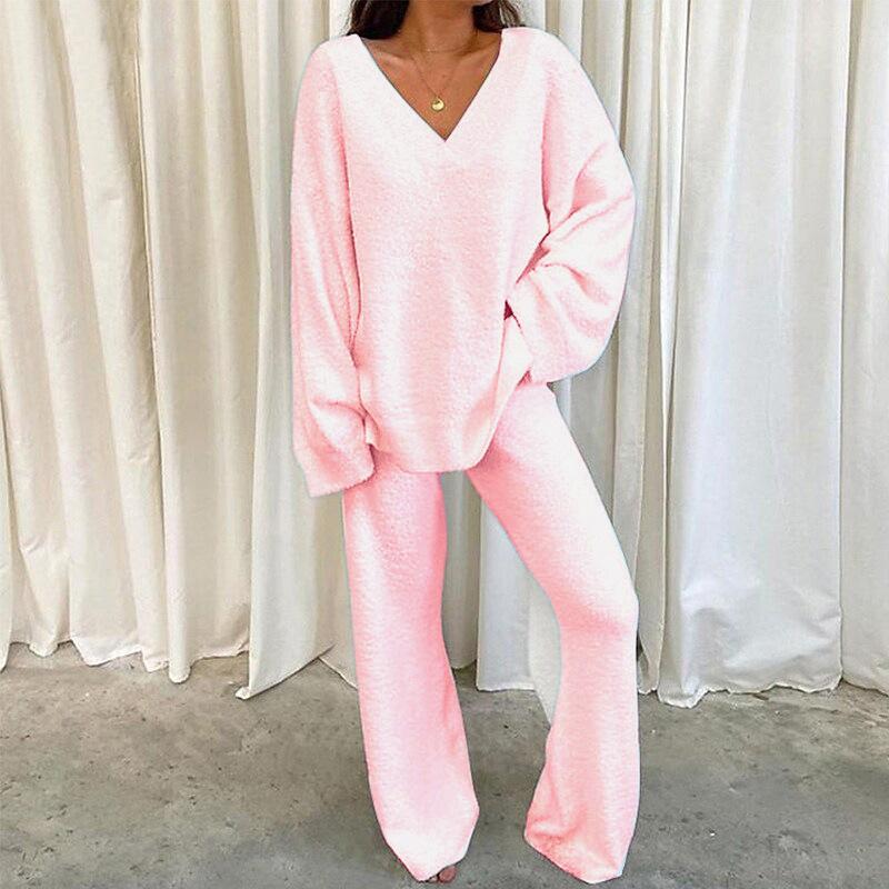 2024 New Arrival Hot Sale Winter Comfortable Solid Color V-neck Casual Daily Home Warm Two-Piece Suit Womenswear Clothing