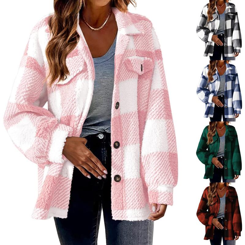 Women's 2024 New Autumn and Winter Plaid Lambswool Jacket with Pockets Button Plush Coat