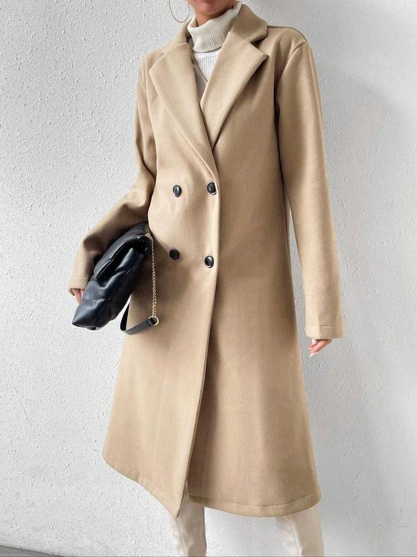 Women's Solid Double Button Lapel Woolen Coat, Casual Long Sleeve Coat for Fall & Winter, Women's Clothing for Daily Wear