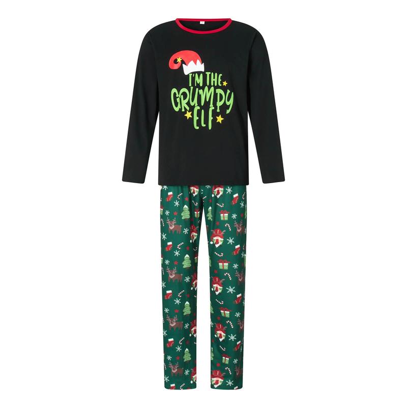 Matching Christmas Pajamas For Family Long Sleeve Cartoon Elf Hat Print Tops + Cartoon Pants Set Winter Sleepwear