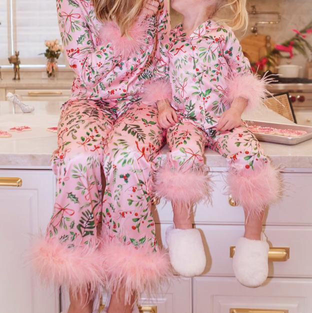 Mommy and Me Christmas Pajamas Set - individual pajama - Feather Trim Long Sleeve Button Down Matching Xmas Sleepwear for Mother Daughter family costume - matching pair must be ordered separately