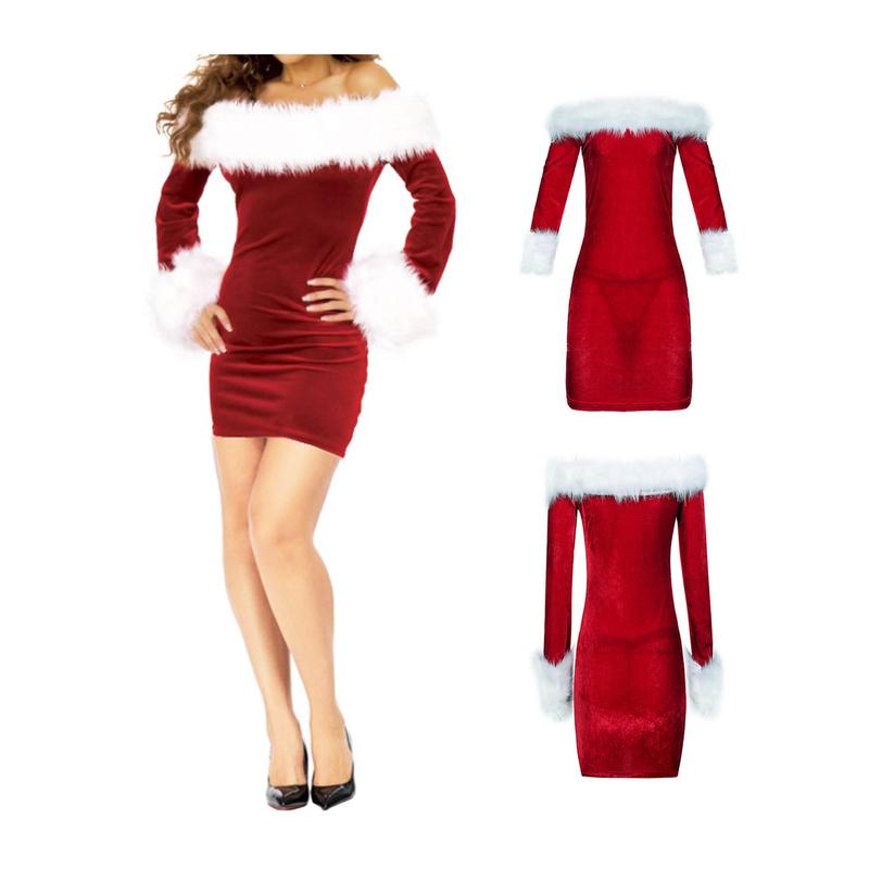 Women Christmas Santa Cosplay Dress Plush Trim Patchwork Boat-Neck Off-Shoulder Long Sleeve Dress Stage Show Party Costume Womenswear Check