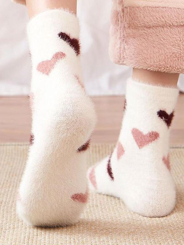 Women's Random Color Heart & Striped Print Fuzzy Socks, Cute Thicker Warm Mid-Calf Socks for Fall & Winter, Women's Socks for Daily Wear