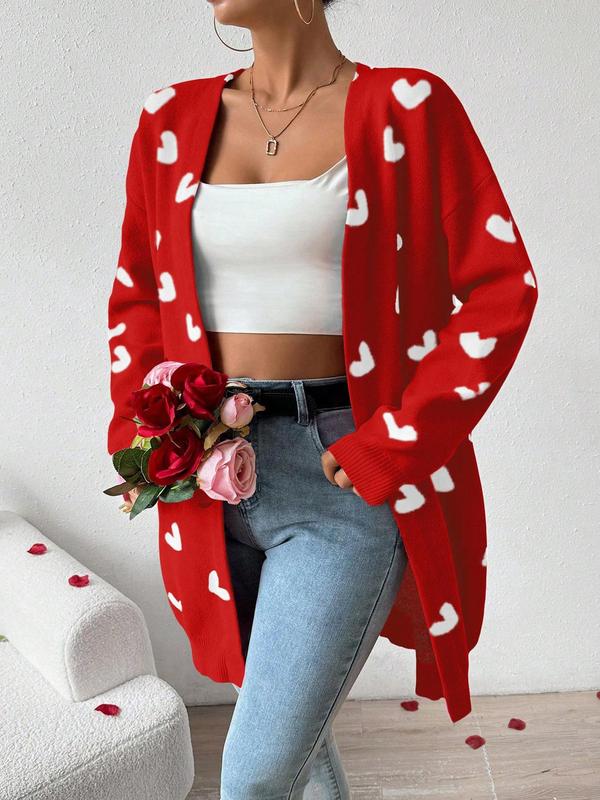 Women's Heart Print Drop Shoulder  Cardigan, Casual Open Front Long Sleeve Knitwear for Fall & Winter, Fashion Ladies' Knit Clothing for Daily Wear