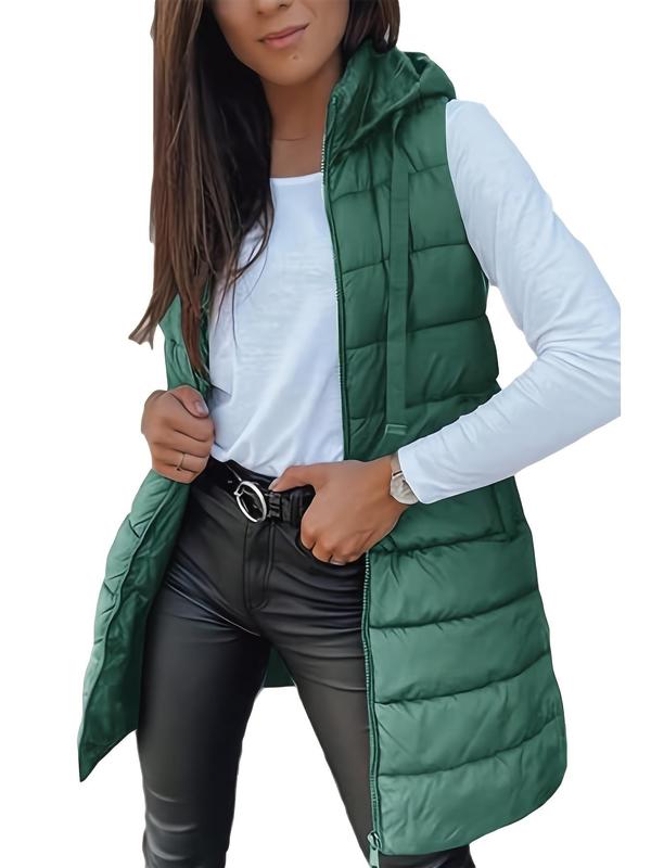  Women's Solid Drawstring Pocket Zip Up Hooded Vest Coat, Casual Sleeveless Thermal Outerwear for Fall & Winter, Women's Clothes for Daily Wear