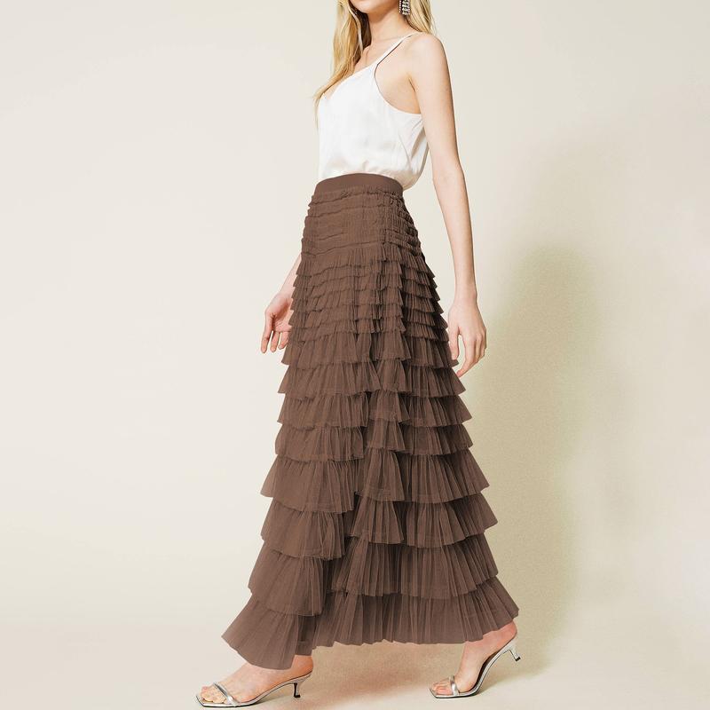 Tulle Long Skirt for Women Layered Ruffle Tutu Skirt Elastic Tiered Pleated Mesh A-Line Midi Skirts Prom Wedding