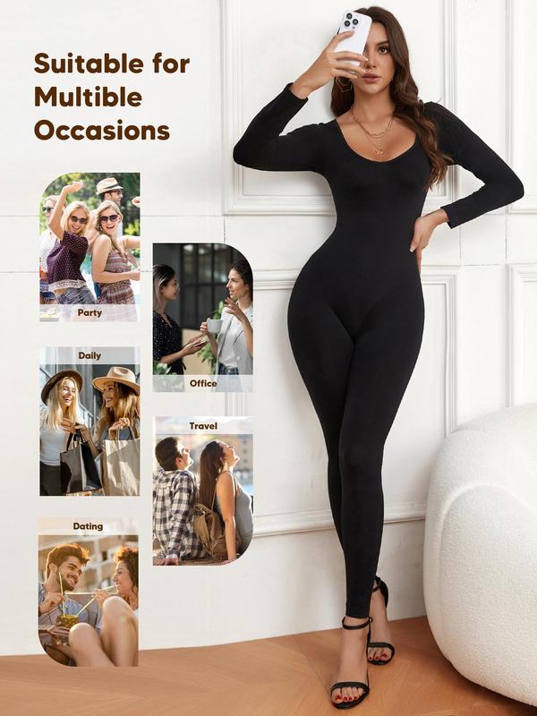 Women's Solid Scoop Neck Long Sleeve Shapewear Jumpsuit, Casual Comfy Bodycon Jumpsuit, Tummy Control Skinny Jumpsuit for Spring & Fall