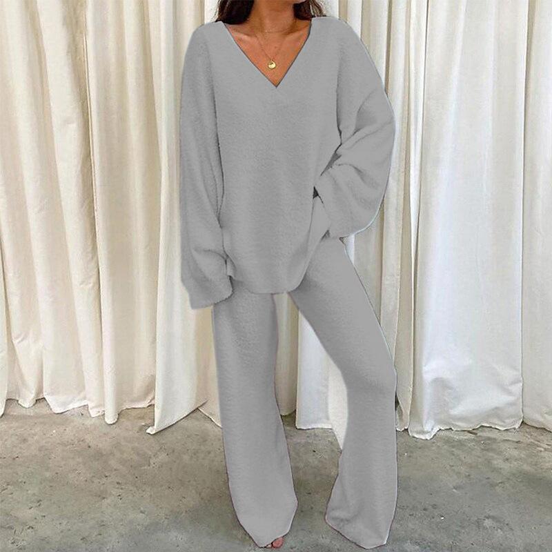 2024 New Arrival Hot Sale Winter Comfortable Solid Color V-neck Casual Daily Home Warm Two-Piece Suit Womenswear Clothing