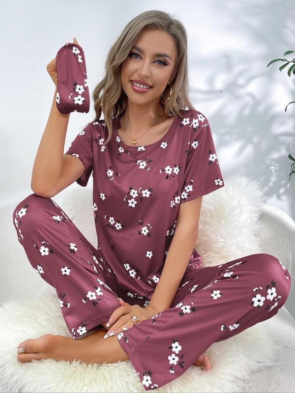 2 4 6 Counts Women's Floral Print Tee & Elastic Waist Pants Pyjama Set With Eye Cover, Casual Round Neck Short Sleeve T-Shirt & Trousers PJ Set, PJ Sets for Women, Women's Sleepwear & Loungewear, Ladies PJ Co-ord Set