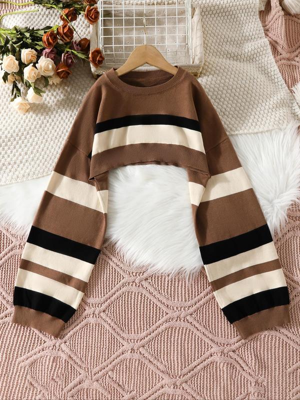 Women's Striped Print Super Crop Sweater, Casual Extra-long Sleeve Crew Neck Jumper, Going Out Outfits 2024, This sweater is recommended to be paired with camisole or any other inner top.