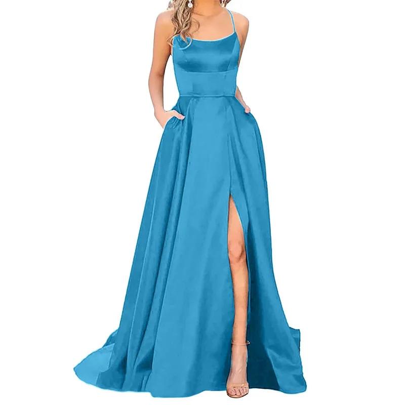 Prom dresses women long elegant backless long dresscrisn satin spaghetti party prom dresses side slit wedding evening dress