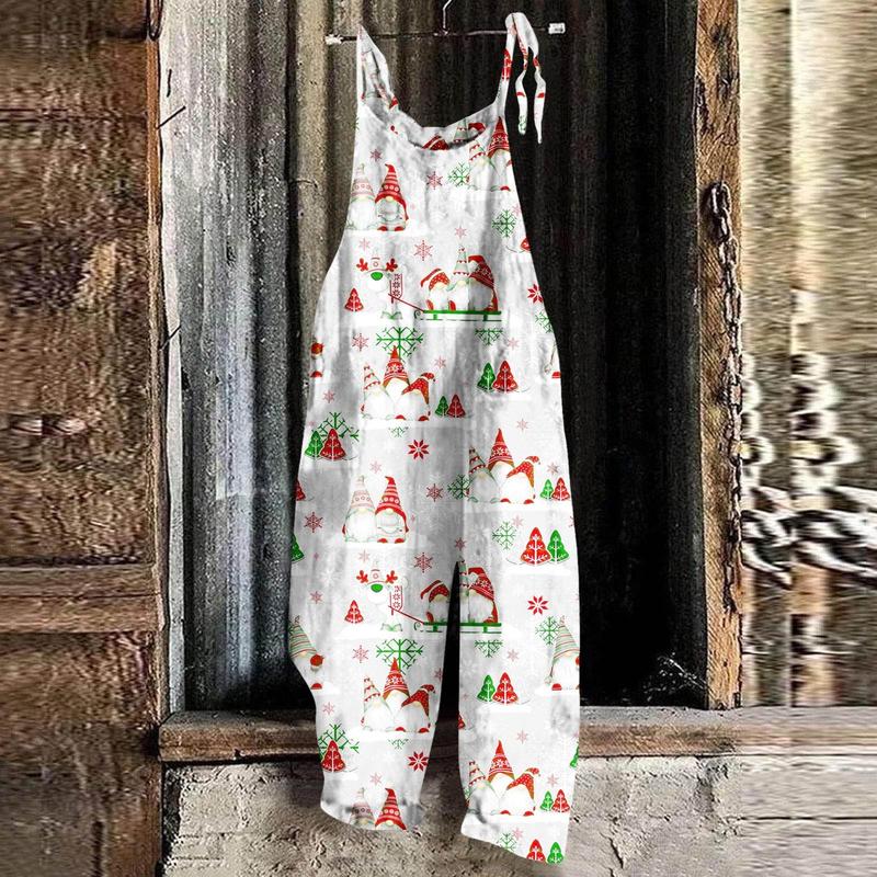 Women's Christmas Snowman Print Adjustable Strap Jumpsuit Wide Leg Rompers Loose Casual Bib Overalls Strappy Dungarees Onesie