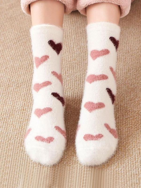 Women's Random Color Heart & Striped Print Fuzzy Socks, Cute Thicker Warm Mid-Calf Socks for Fall & Winter, Women's Socks for Daily Wear