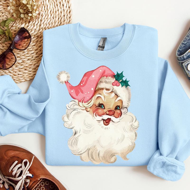 Pink Santa Retro Christmas Sweatshirt for Women Pink Christmas Matching Family Sweaters Pink Vintage Holiday Crewneck Matching Group Party Cotton Fabric