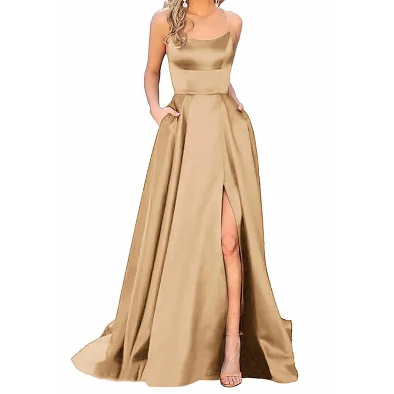 Prom dresses women long elegant backless long dresscrisn satin spaghetti party prom dresses side slit wedding evening dress