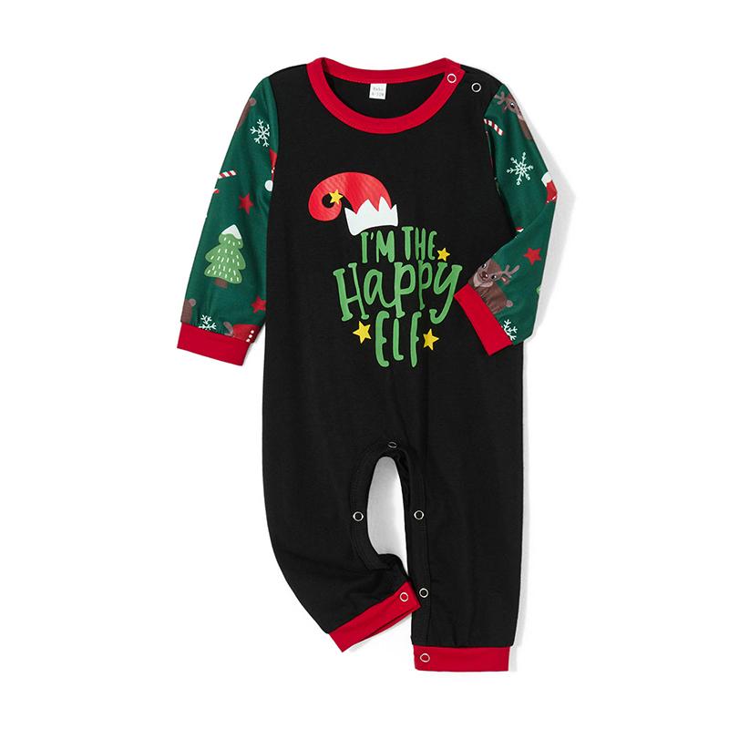 Matching Christmas Pajamas For Family Long Sleeve Cartoon Elf Hat Print Tops + Cartoon Pants Set Winter Sleepwear