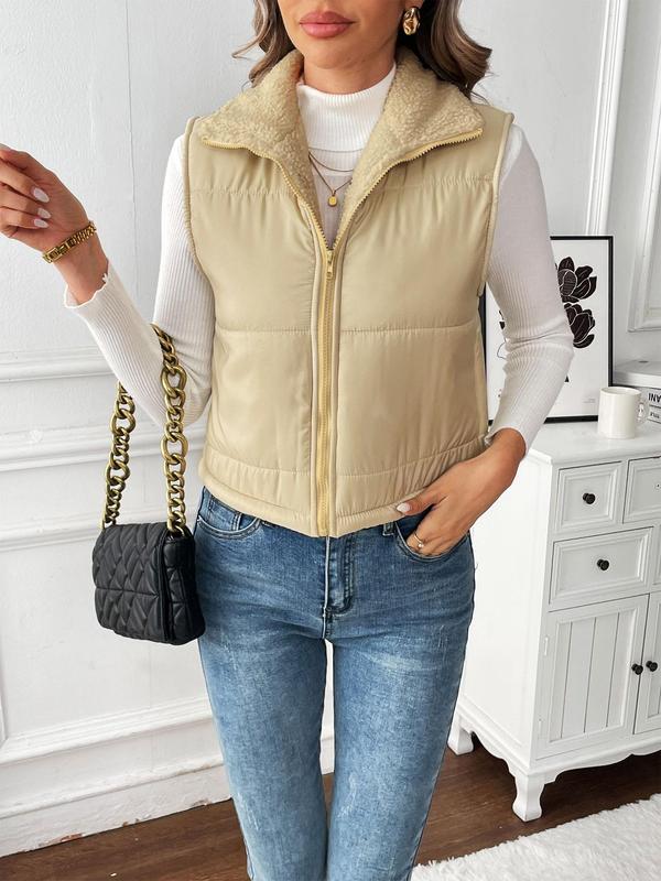 Women's Solid Zip Up Thermal Lined Vest Jacket, Casual Sleeveless Collared Outerwear for Fall & Winter, Women's Clothes for Daily Wear