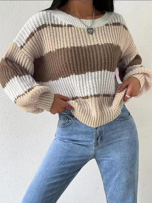 Women's Colorblock Bishop Sleeve Longsleeves Round Neck Sweater, Fall Sweaters for Women, Womenswear Long Sleeve Knitting Jumper for Fall & Winter, Comfort Tops, Women's Knitwear for Daily Wear, Fall Outfits