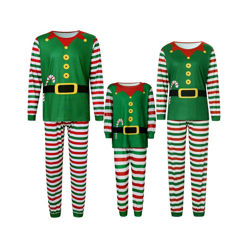 Matching Christmas Pajamas For Family, Long Sleeve Round Neck Tops Striped Print Jogger Trousers