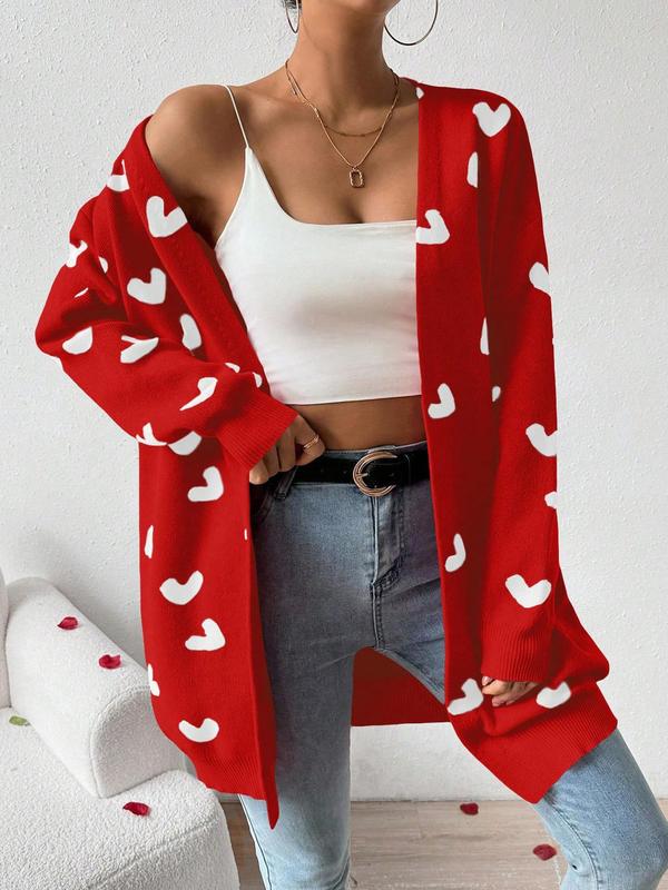 Women's Heart Print Drop Shoulder  Cardigan, Casual Open Front Long Sleeve Knitwear for Fall & Winter, Fashion Ladies' Knit Clothing for Daily Wear