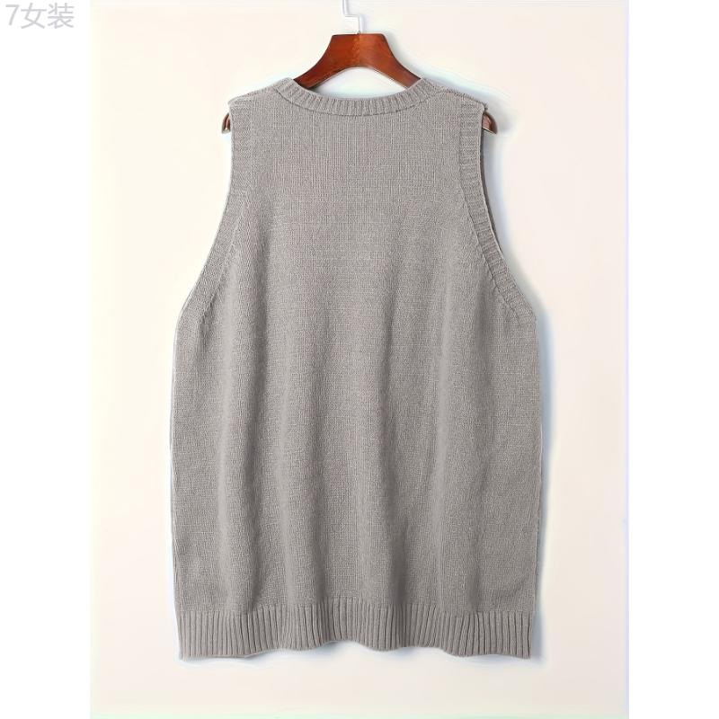 Plus Size Solid Pocket Knitted Vest, Casual V Neck Sleeveless Top For Spring & Fall, Women's Plus Size Clothing Collar Fabric