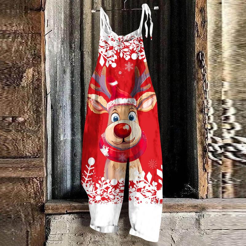 Women's Christmas Snowman Print Adjustable Strap Jumpsuit Wide Leg Rompers Loose Casual Bib Overalls Strappy Dungarees Onesie