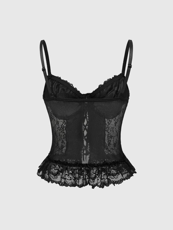 ROMWE Goth Vintage Gothic Style Lace Patchwork Camisole With Tie Design For Women, Satin Slip Top For Layering