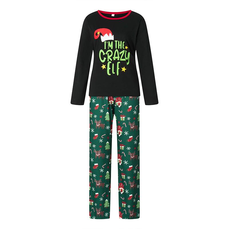 Matching Christmas Pajamas For Family Long Sleeve Cartoon Elf Hat Print Tops + Cartoon Pants Set Winter Sleepwear