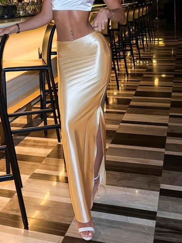 Women's Solid Split Satin Skirt, Elegant Fashion Long Skirt for Party Club Dating, Ladies Bottoms for All Seasons