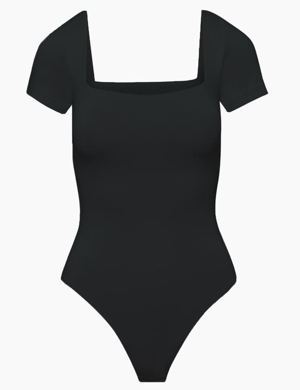 Women's Sexy Square Neck Short Sleeve Bodysuit Tops Double Lined Slim Fitted Thong Body suit