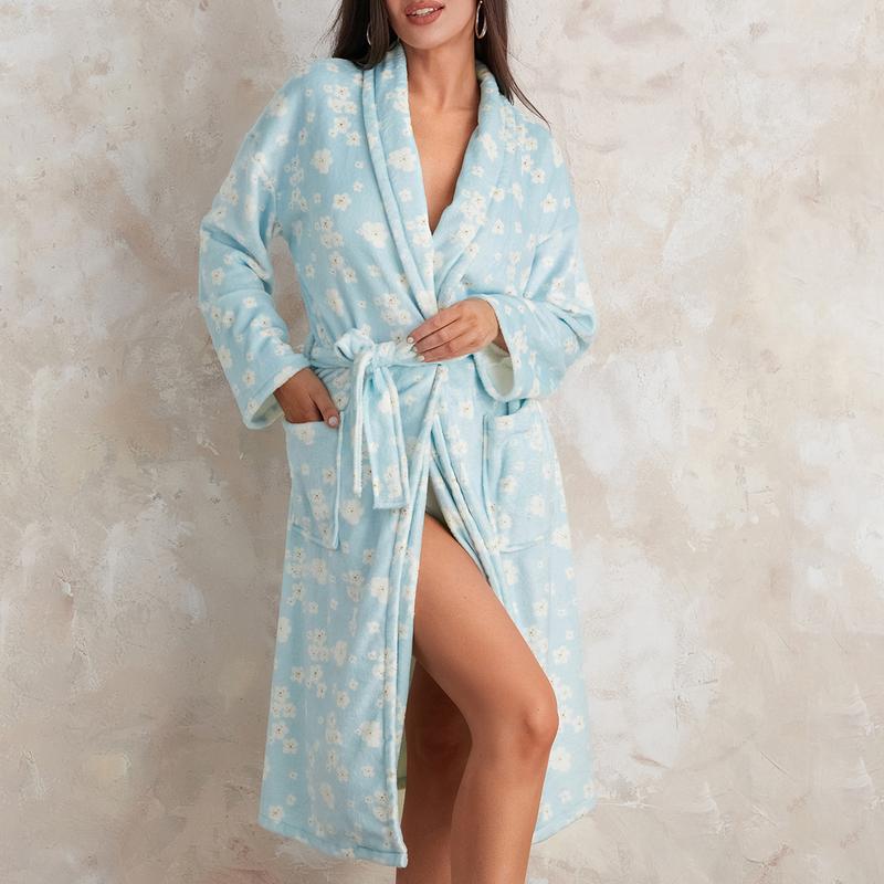 Women Y2k Fruit Robe Fleece Shawl Collar Bathrobe with Belt Cozy Spa Long Robe Open front Nightgown Loungewear