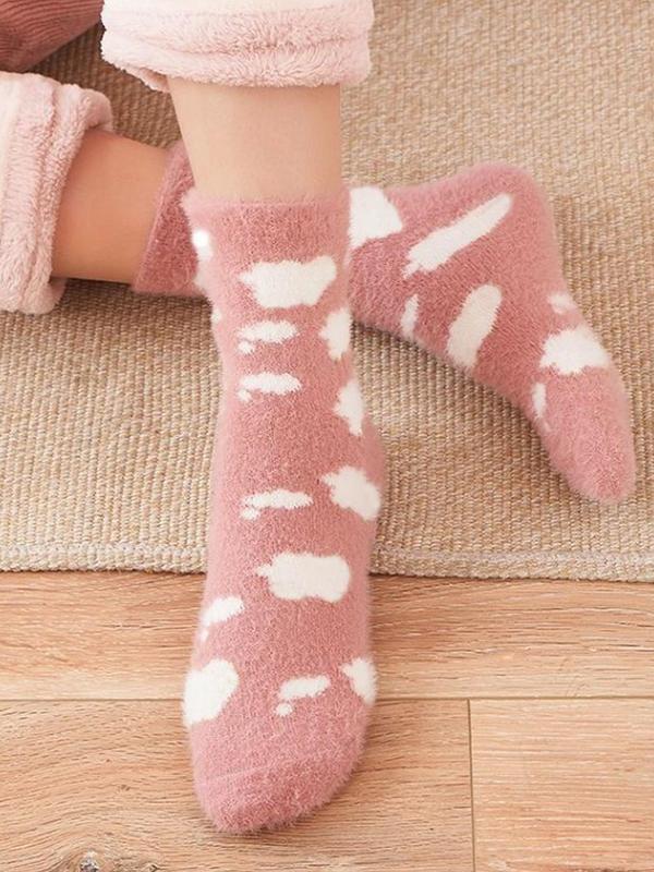 Women's Random Color Heart & Striped Print Fuzzy Socks, Cute Thicker Warm Mid-Calf Socks for Fall & Winter, Women's Socks for Daily Wear