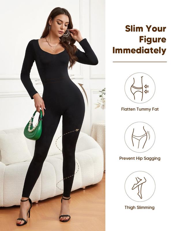 Women's Solid Scoop Neck Long Sleeve Shapewear Jumpsuit, Casual Comfy Bodycon Jumpsuit, Tummy Control Skinny Jumpsuit for Spring & Fall