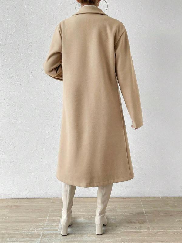 Women's Solid Double Button Lapel Woolen Coat, Casual Long Sleeve Coat for Fall & Winter, Women's Clothing for Daily Wear