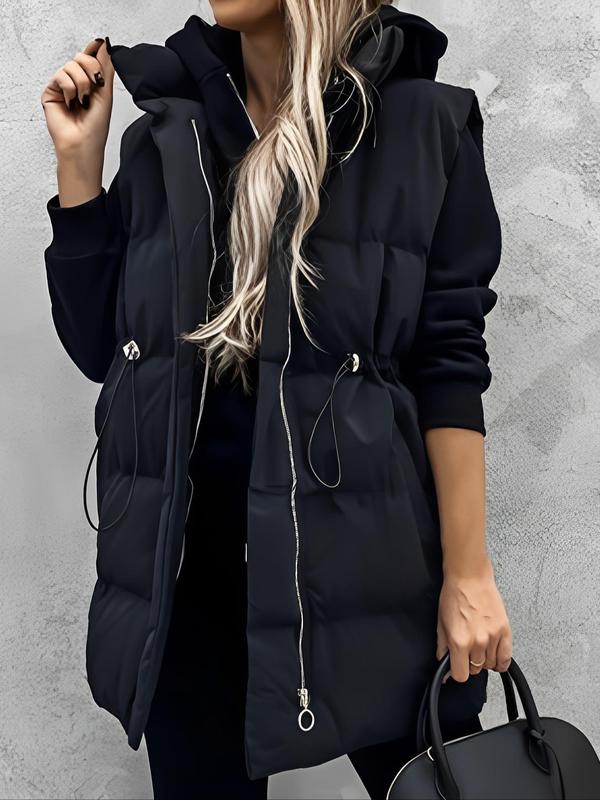 Women's Solid Drawstring Waist Quilted Vest Coat, Casual Funnel Neck Sleeveless Zip Up Outerwear for Fall & Winter, Women's Clothes for Daily Wear