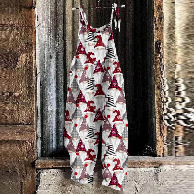 Women's Christmas Snowman Print Adjustable Strap Jumpsuit Wide Leg Rompers Loose Casual Bib Overalls Strappy Dungarees Onesie