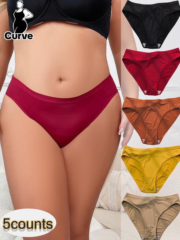 Plus Size 5pcs Simple Solid Knicker, Soft Comfy Breathable Panty for Daily Wear, Women's Basic Minimalist Underwear for All Seasons