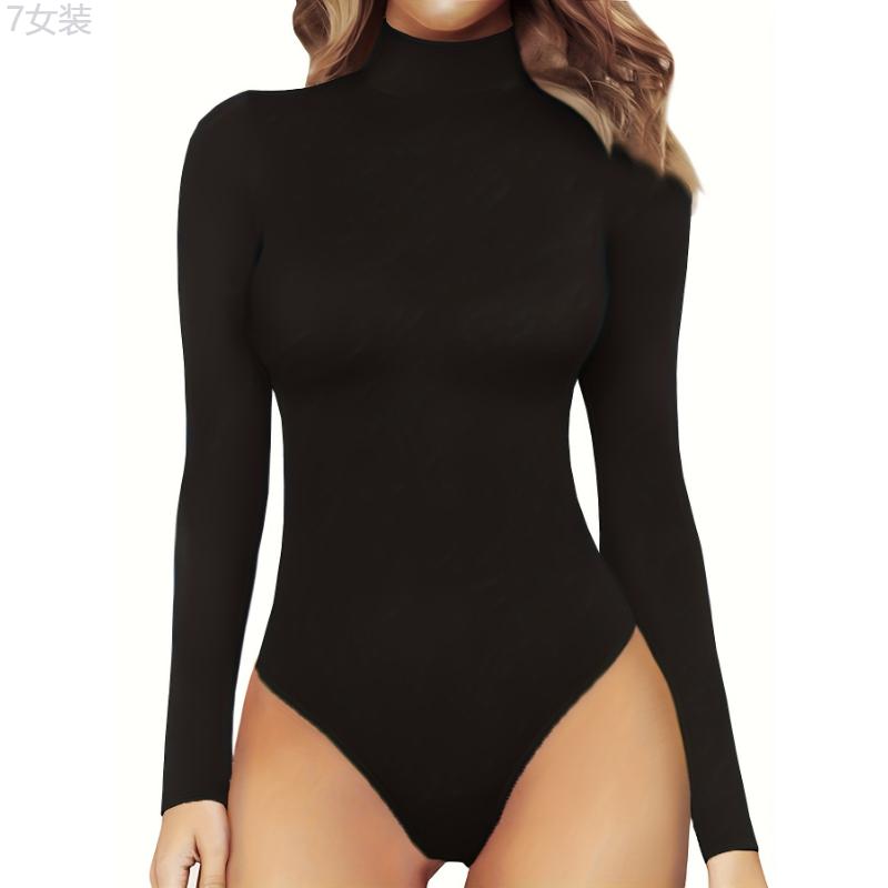 Stylish Solid Color Turtle Neck Bodysuit - Women's Casual Long Sleeve Slim Fit Bodysuit for Everyday Wear - Comfortable, Soft, and Versatile Clothing for Ladies