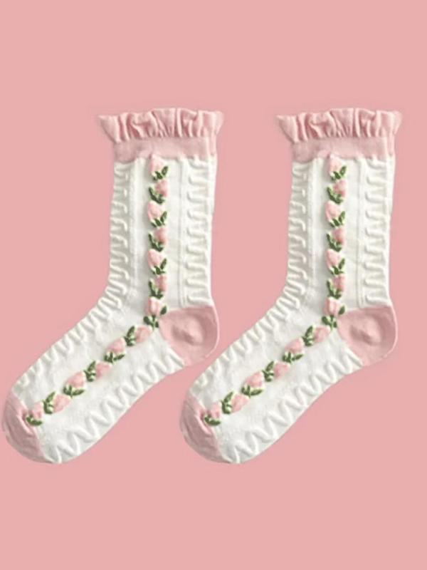 Women's 5 Pairs Elegant Style Floral Detail Frill Trim Crew Socks, Womenswear Fashion Casual Chic Comfort Socks for Daily Outdoor Wear, Lady Socks for All Seasons