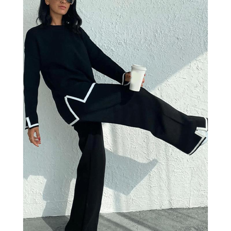 UANEO Womens Knit 2 Piece Outfits Long Sleeve Sweater Pullover Tops Wide Leg Pants Tracksuits Lounge Set