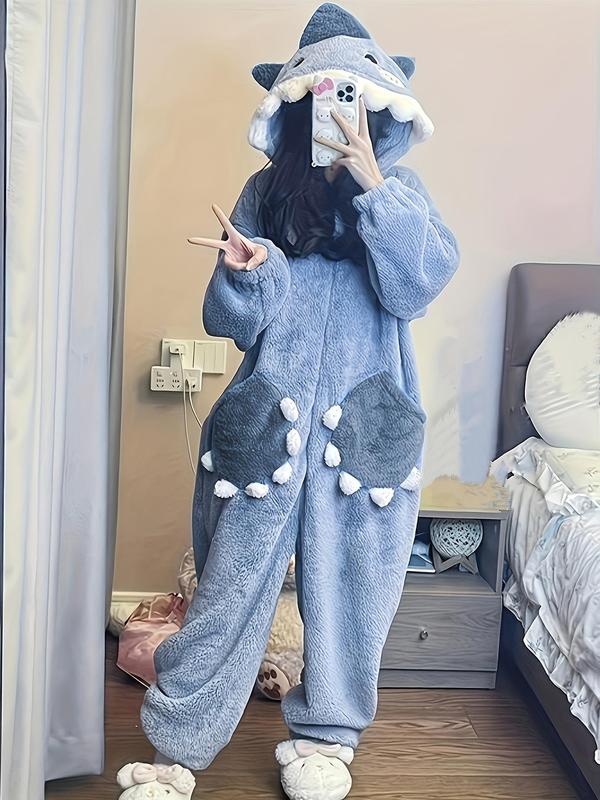 Women's Cartoon Shark Design Pocket Drop Shoulder Plush Loungewear Onesie, Casual Cute Long Sleeve Hooded Pj Onesie for Fall & Winter,  Women Nightwear, Night Gown for Women, Lady's Sleepwear for Indoor Wear, 90s Clothes Onesies Pajama