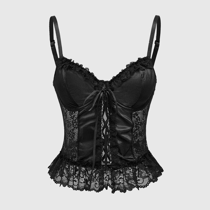 ROMWE Goth Vintage Gothic Style Lace Patchwork Camisole With Tie Design For Women, Satin Slip Top For Layering