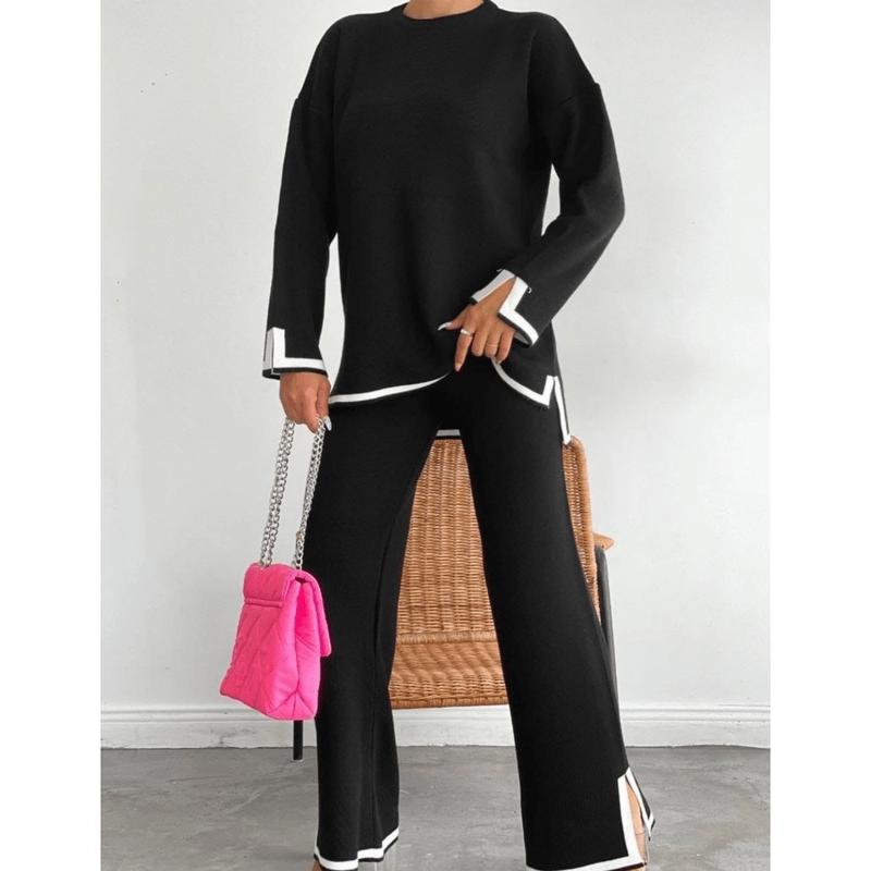 UANEO Womens Knit 2 Piece Outfits Long Sleeve Sweater Pullover Tops Wide Leg Pants Tracksuits Lounge Set