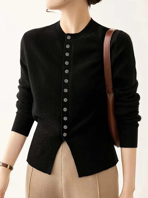 Women's Solid Button Front Cardigan, Casual Long Sleeve Round Neck Cardigan for Spring & Fall, Fashion Women's Knit Clothing for Daily Wear