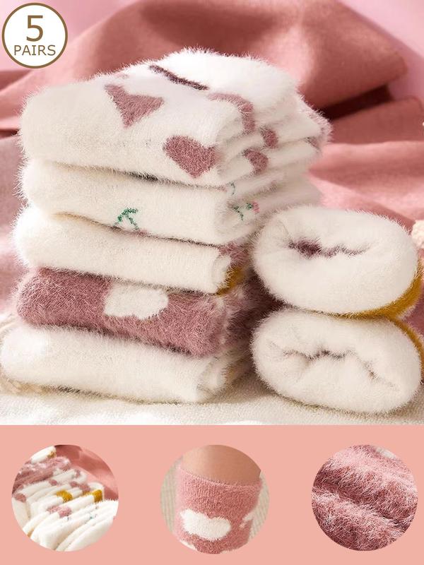 Women's Random Color Heart & Striped Print Fuzzy Socks, Cute Thicker Warm Mid-Calf Socks for Fall & Winter, Women's Socks for Daily Wear