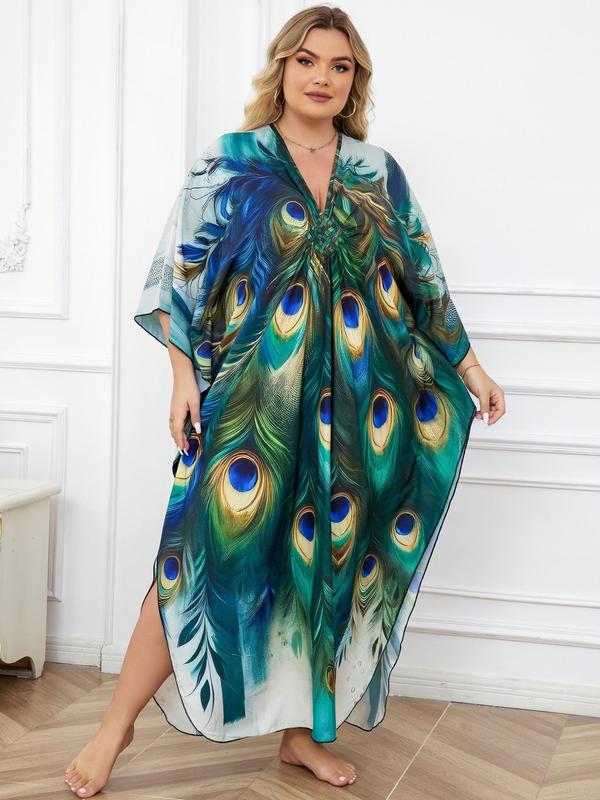  Butterfly feather Print Ruched Split Hem Tunic Dress, Elegant Batwing Sleeve V Neck Long Dress for Summer, Homecoming Dresses, Women's Clothes for Beach Holiday Vacation， Moo Moo Dresses