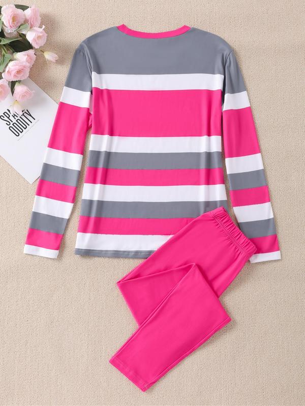 Women's Letter & Striped Print Tee & Solid Elastic Waist Pants Two-piece Set, Casual Round Neck Long Sleeve Top & Trousers Two-piece Set for Fall & Winter, Women's Clothes for Daily Wear